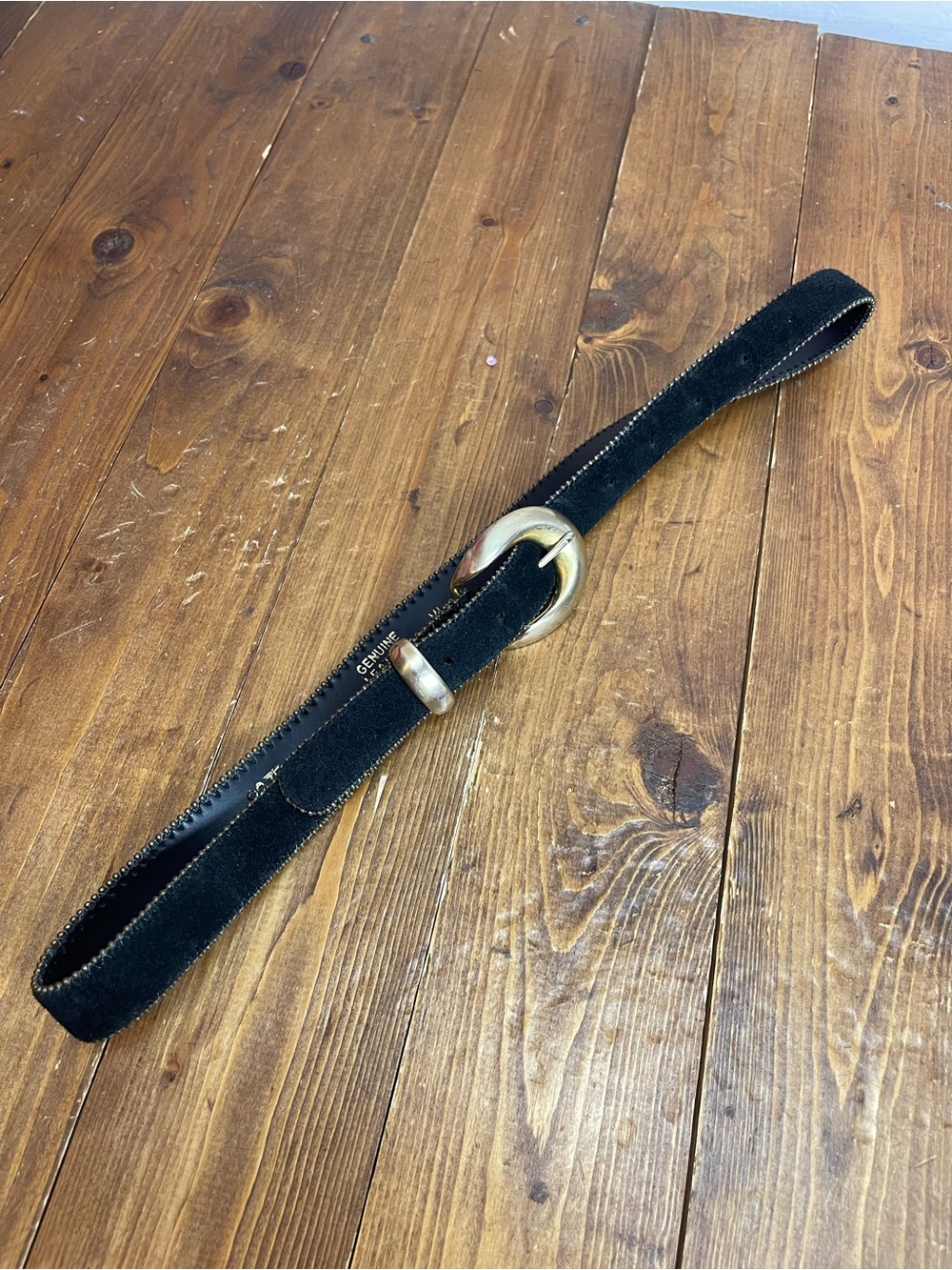 Black suede leather belt with gold tone buckle